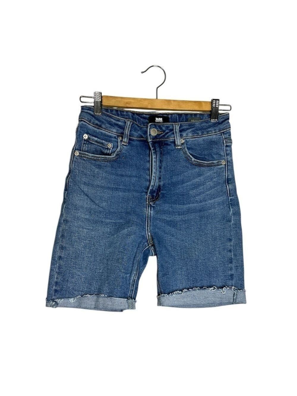 I&M High Rise Bermuda Blue Denim Shorts Rolled Hem, size M